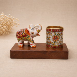 Marble Pen Stand with Decorative Elephant & Wooden Base