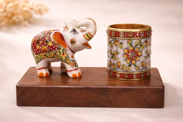 Marble pen stand and marble elephant with wooden stand Marble pen stand and marble elephant with wooden stand