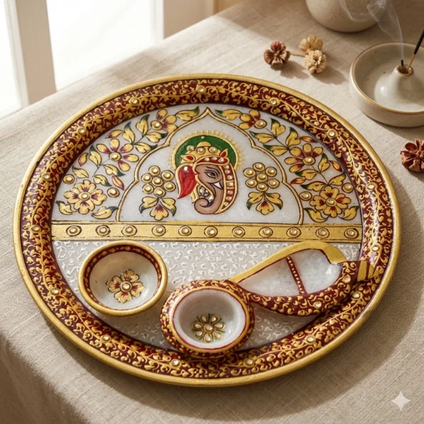 Marble puja thali with Lord ganesha handpainting including three articles