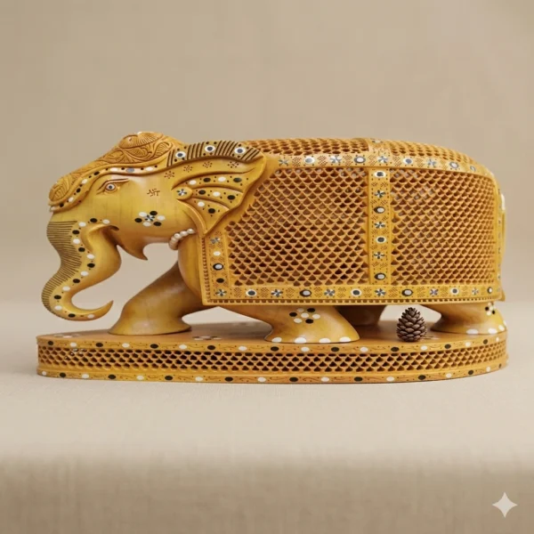 wooden hand carving jali elephant with baby elephant Wooden Hand Carved Jali Elephant with Baby